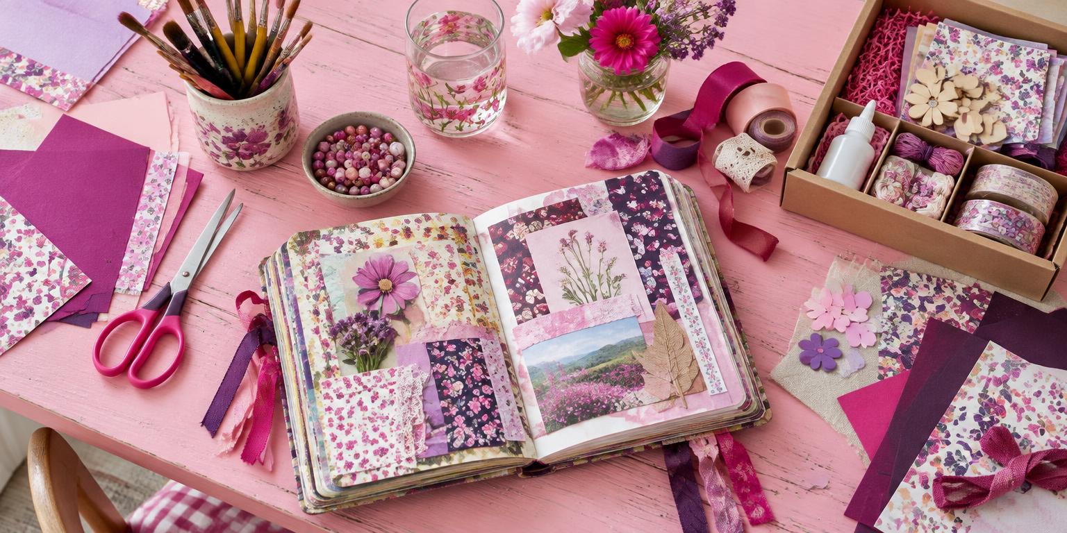 Colorful collage papers, brushes, beads, and a craft kit on a pink craft table